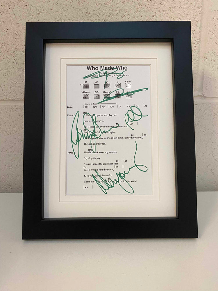 AC/DC | Who Made Who | Autographed Lyric/Chord Sheet | Framed